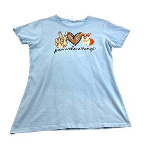 Peace Love & Corgi Light Blue Women's Ring Spun 100% Cotton Graphic Tee Sz S